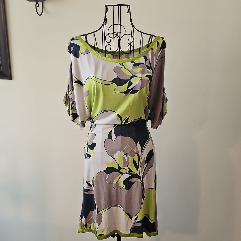 Ted Baker Lime Green, Black & Taupe Floral Short Sleeve Mini Dress
